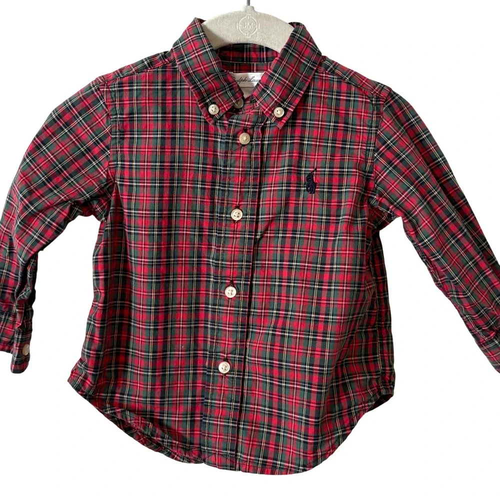Ralph Lauren Kid's Red Plaid‎ Holiday Button Down Shirt in Size 12 Months